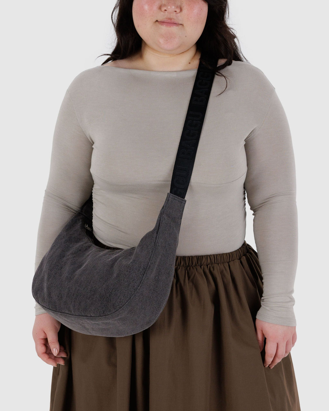 Medium Denim Crescent Bag - Washed Black Denim - Premium Pack